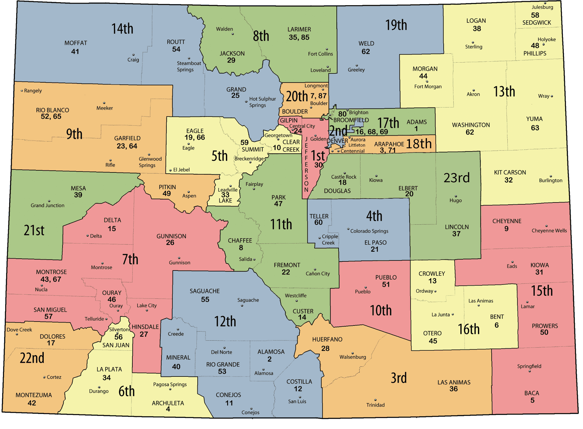 Map of Colorado's judicial districts, each district shaded and numbered, with counties and towns labeled